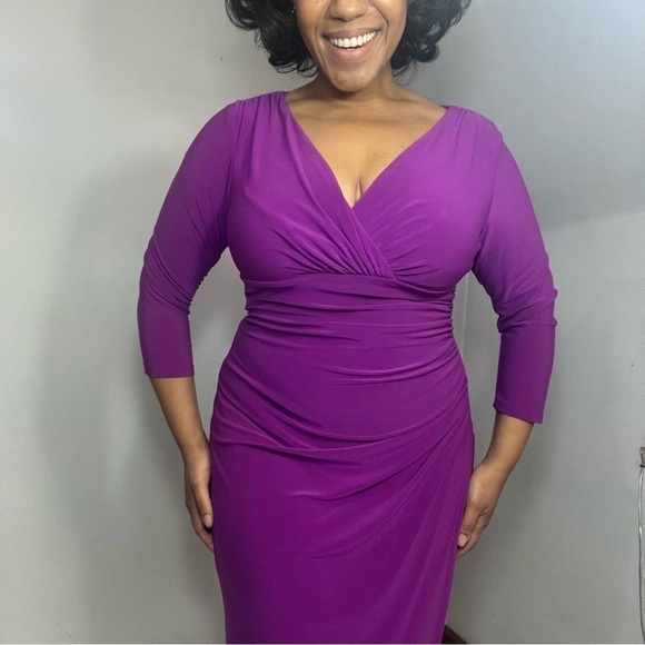 Lauren Ralph Lauren Purple Stretchy Midi Dress Faux Wrap Career Office Siren - Picture 9 of 15